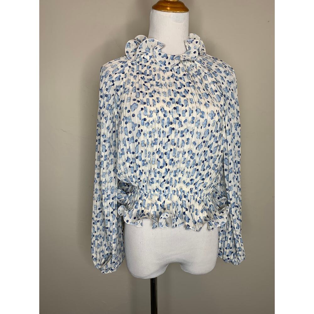 Fate Blue and White Ruffle Neck Pleated Blouse